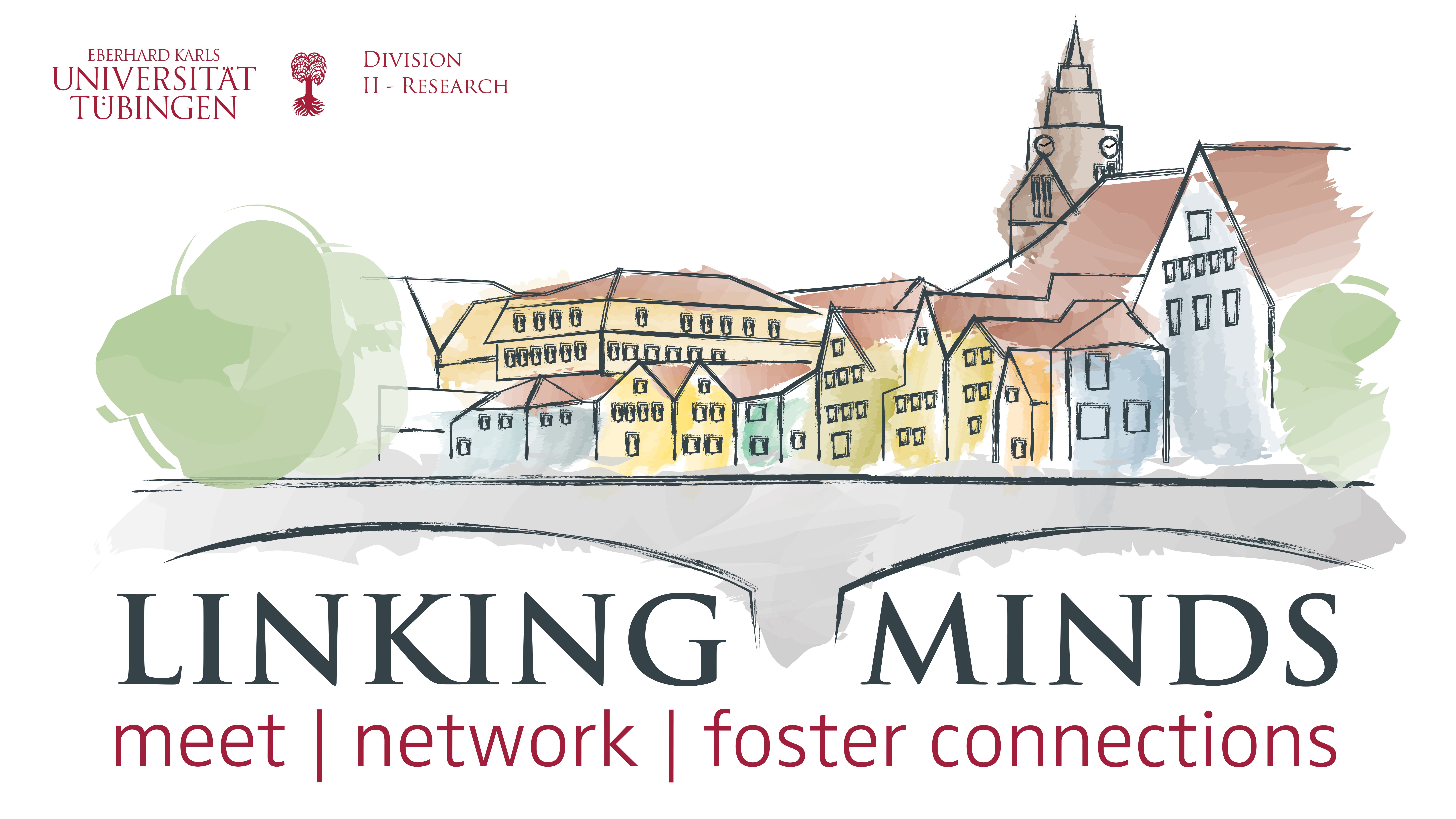 Logo of LinkingMinds. Neckar bridge with Tübingen landmarks in background. 